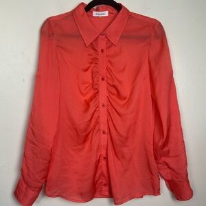 Calvin Klein Sheer Lightweight Button Up Shirt with Ruching at Chest in Coral